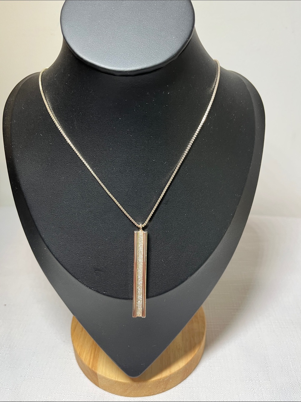 Vintage Rose Gold Bar Pendant Long Necklace. Box link chain.